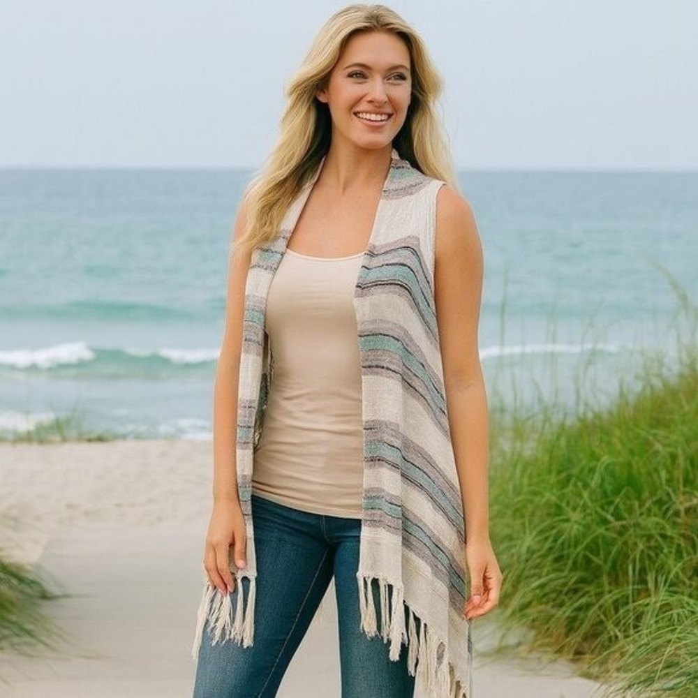 Umgee Ivory Stripe Maxi Vest Flowy Lightweight Boho Coastal Festival S/M